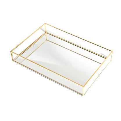 Feyarl Gold Glass Perfume Fragrance Tray Mirror Vanity Jewelry Trinket Magazine Photo Organizer Ornate Cosmetic Makeup Display Decorative Coffee Table Tray for Home Decor Dresser Tabletop （11.8” x 8"）