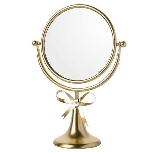 Tabletop Vanity Makeup Mirror with Metal Frame Gold Bow Desk Table Mirror with 360°Adjust Dressing Room Bedroom Bathroom Favor Decor - color: Gold