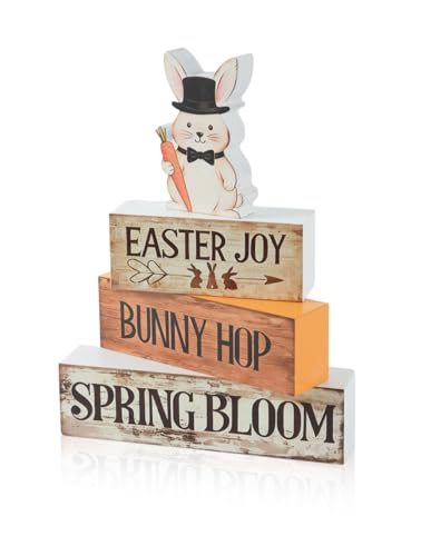 Spring Easter Dec Bunny Wooden Tabletop Decor with Easter Joy/Bunny Hop/Spring Bloom Signs, Spring Farmhouse Spring Table Decorations for Home Indoor, Green Purple Beige Wood Blocks Set of 4 - size: Easter Rabbits-B
