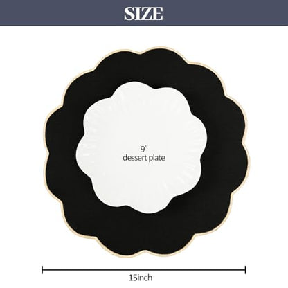 AHHFSMEI Round Scalloped Placemats Set of 6 15 Inch Faux Linen - color: Black