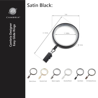 Cambria Designer 2" Satin Black Quiet Glide Curtain Rings 18 Pack - color: Satin Black, size: Large 2 in