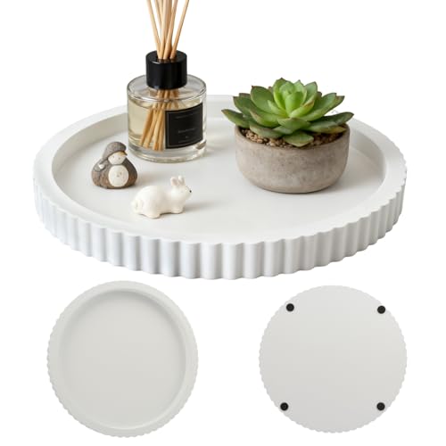 White Round Wood Tray, 11 in Fluted Vanity Tray - color: White