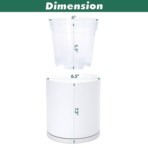 D'vine Dev Double-Layer Planter Set – Rotating Plastic Cachepot with Clear Inner Liner for Root Health, Perfect for Indoor Plants, 6.5", White, 73-U-A-2