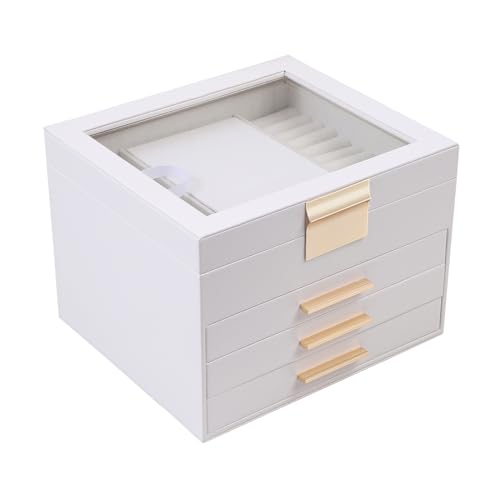 BOOVO Clear Lid Jewelry Box,3 Layers Jewelry Organizer Large Jewelry Storage Box with 2 Drawers,Jewelry Holder Organzier of Rings Earrings Necklace Bracelets for Women (White, 4 Layer) - color: White, size: 4 Layer