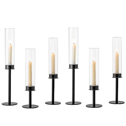 Hewory Black Candlestick Holders: 6PCS Glass Hurricane with Metal Base - color: Black, size: 6pcs