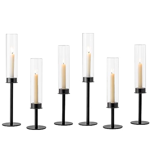 Hewory Black Candlestick Holders: 6PCS Glass Hurricane with Metal Base - color: Black, size: 6pcs