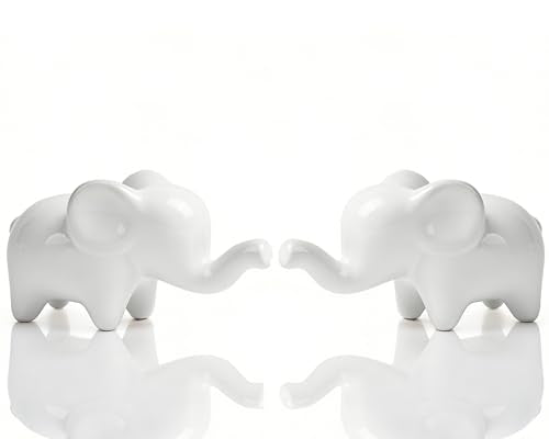 4 Inch White Ceramic Elephant Figurines Set of 2 - color: White
