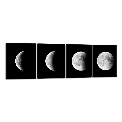 Wieco Art Large Black White Moon Canvas Print, Modern Abstract Space Sky Wall Art, Gallery Wrapped Artwork Ready to Hang for Living Room Bedroom Home Office Decor - size: 20x24inchx4pcs (50x60cmx4pcs)