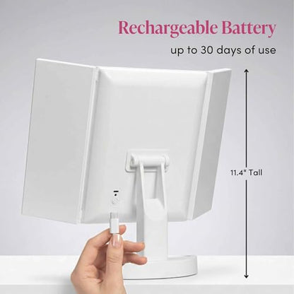 Fancii LED Lighted Vanity Makeup Mirror, Rechargeable Trifold Mirror with 5X & 10x Magnifications - 68 Dimmable Natural Lights, Touch Screen, Best Adjustable Make Up Mirror with Cosmetic Stand