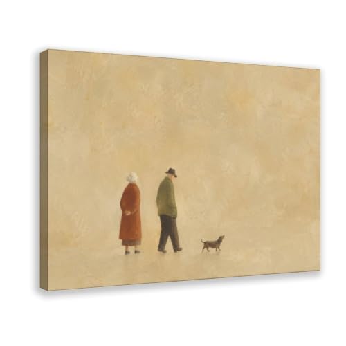 Canvas Wall Art Elderly Couple Walking Dog Minimalist Neutral Home Decor - color: Wrapped Canvas, size: 12"L x 8"W