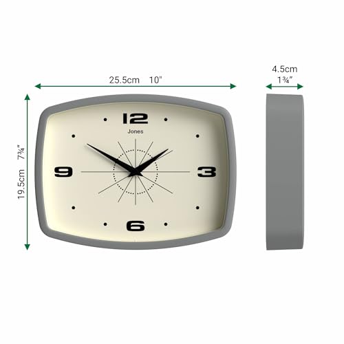 JONES CLOCKS® Movie wall Clock | Rectangular Retro Clock | 10" | Gray - color: Pepper Grey