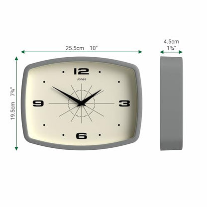 JONES CLOCKS® Movie wall Clock | Rectangular Retro Clock | 10" | Gray - color: Pepper Grey