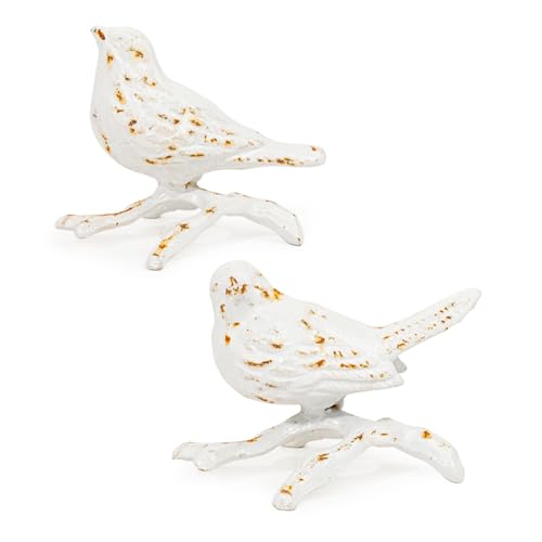 Sungmor Cast Iron Small Bird with Branch Statues, 2 Pack Antique White - color: White & Birds