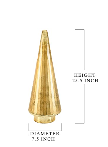 Serene Spaces Living Gold Glass Christmas Tree, Decorative Xmas Tree Sculpture, Holiday Decoration Figurine, Tabletop, Mantel Decor, Large, 7.5" Diameter & 25.5" Tall - size: Large