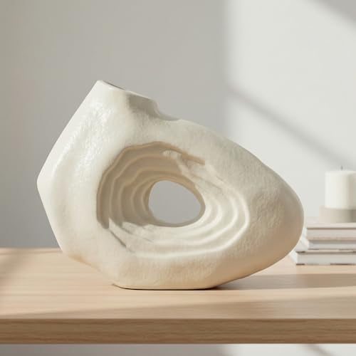 Sunddo White Ceramic Donut Vase, Boho Decor | Small Modern Decorative Vases for Flowers, Home Decor, Bathroom, Desk, Kitchen, Table Centerpiece, Shelf Decoration 7 Inch - color: White, size: 7 inch