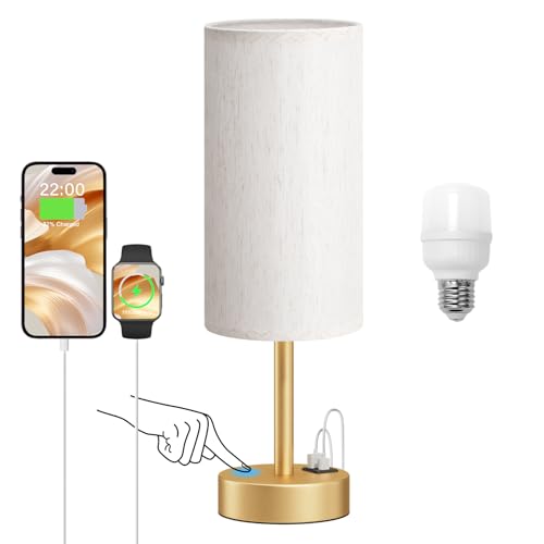 Touch Bedside Lamps for Nightstand - 14" Gold Desk Lamp with USB Ports - color: Cream-Gold, size: 14in
