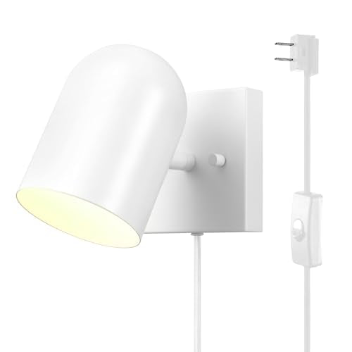 Globe Electric 65000146 1-Light Plug-in or Hardwire Wall Sconce, Matte White, 6ft White Braided Fabric Cord, in-Line Rocker Switch, Wall Lights for Living Room, Home Décor - color: Matte White, Luke