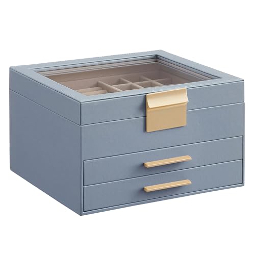 SONGMICS Jewelry Box Organizer, 3-Layer Storage with 2 Drawers, Glass Lid - color: Smoky Blue + Gold, size: 3 Layer (8"d X 9.1"w)