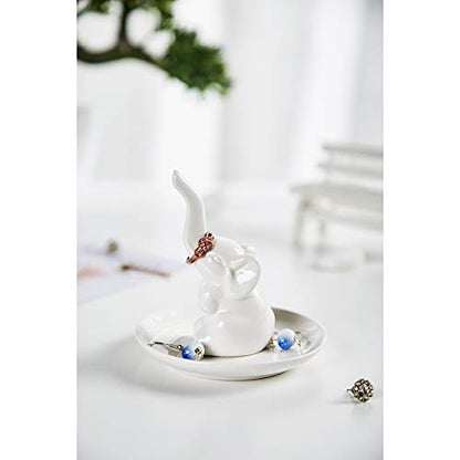 HOME SMILE Elephant Ring Dish Holder for Jewelry,Elephant Gifts for Women Chritsmas,Engagement Wedding Trinket Trays,Ceramic White - style: Elephant
