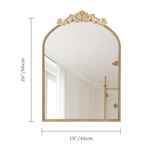 Vintage Arched Wall Mirror, Distressed Metal Frame Accent Mirror with Embossed Carved Decorative Top for Bathroom Living Room Bedroom Entryway, Antique Gold Finish (26 x 18 Inch) - color: Antique Gold, size: 26"L x 18"W