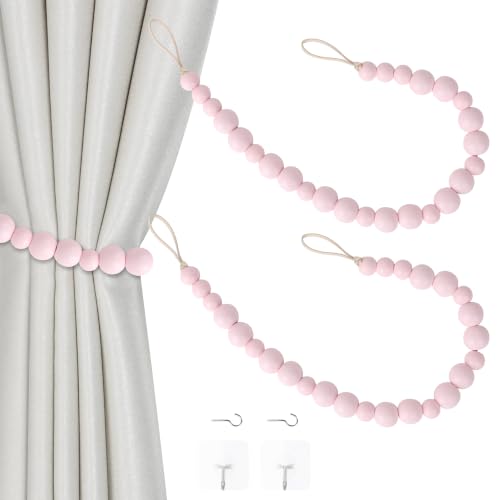 Boho Wood Bead Curtain Tiebacks Curtain Holdbacks with Hooks - color: Pink