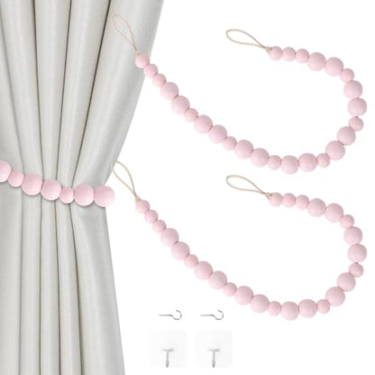Boho Wood Bead Curtain Tiebacks Curtain Holdbacks with Hooks - color: Pink