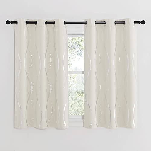 NICETOWN Bedroom Curtains Small Blackout Panels, Beige, Set of 2, 42 by 48 Inch, Window Treatment Thermal Insulated Solid Grommet Blackout Wave Line Foil Print Design Curtains for Kitchen, Cafe, Loft - color: 1 - Beige, size: 42"W x 48"L (Pack of 2)