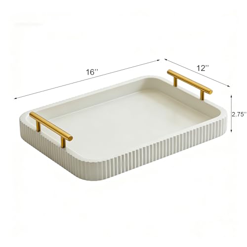 Rectangle Modern Wood Serving Tray with Metal Handles, High Gloss White Finish, 16x12 Inch Coffee Table Ottoman Tray for Storage and Display (White) - color: White