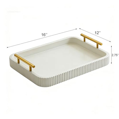 Rectangle Modern Wood Serving Tray with Metal Handles, High Gloss White Finish, 16x12 Inch Coffee Table Ottoman Tray for Storage and Display (White) - color: White