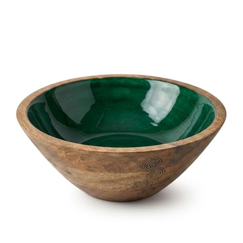 Green Wooden Decorative Bowl, Mango Wood Bowl Decor, High-Gloss Interior