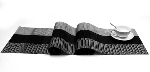 SHACOS Table Runners Woven Vinyl PVC Table Runners 12 x 90 inch Wipeable Heat Resistant Runner for Tables Countertop Indoor Outdoor, Bamboo Ombre Black and Gray - color: Ombre Black Gray, size: Table Runner 12 x 90 inch