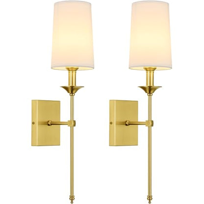 Gold Wall Sconce Set of 2,Hardwired Bathroom Vanity Light Fixture with White Fabric Shade,Gold Sconce for Living Room Dining Room Fireplace Mantel - color: Gold