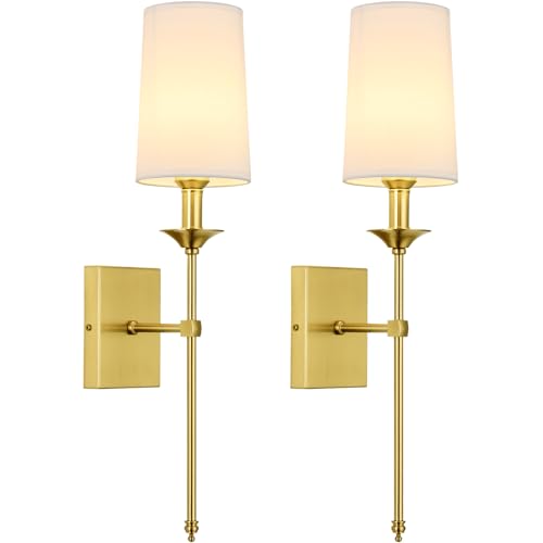Gold Wall Sconce Set of 2,Hardwired Bathroom Vanity Light Fixture with White Fabric Shade,Gold Sconce for Living Room Dining Room Fireplace Mantel - color: Gold