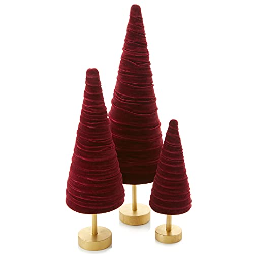 Set of 3 Burgundy Pedestal Velvet Trees, Holiday Mantel Accents, Rich Elegant Charm, Cozy Handcrafted, Valentine Winter Tabletop, Entryway (Burgundy) - color: Burgundy