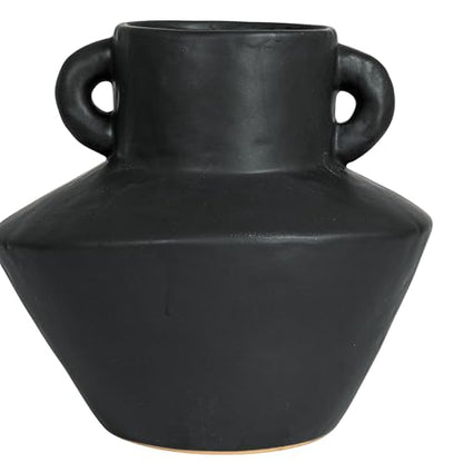 Bloomingville Round Stoneware Vase with Reactive Glaze Finish and Vertical Handles, Black - color: Black