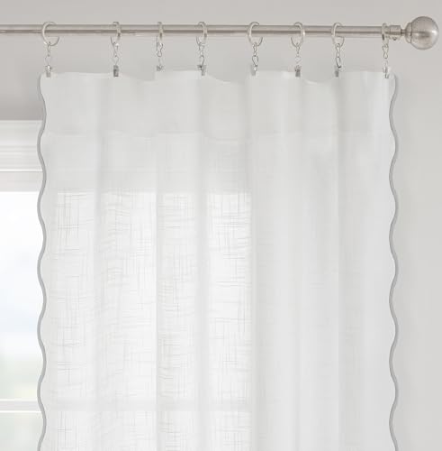DriftAway Semi Sheer Scalloped Edge White Coastal Beach Window Curtains for Living Room Bedroom 2 Panels Rod Pocket Each Size 52 Inch by 72 Inch Gray - color: White Gray, size: 52"W x 72"L (Pack of 2)