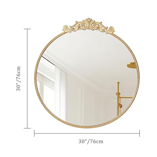 Vintage Round Wall Mirror, Distressed Metal Frame Accent Mirror with Embossed Carved Decorative Top for Bathroom Living Room Bedroom Entryway, Antique Gold Finish (30 Inch) - color: Antique Gold, size: 30"L x 30"W