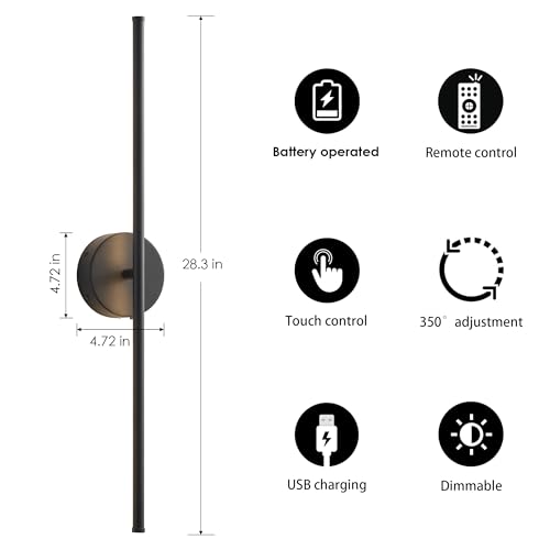 KARTOOSH Battery Operated Wall Sconces Set of Two Wireless Wall Lights - color: Black, size: 32.2 Inches
