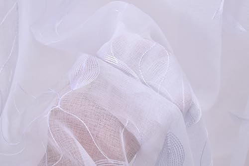 Elegant Sheer Curtains with Embroidered Leaf Design Spring Floral Curtains for Bedroom Light Filtering Rod Pocket Window Treatments Decor 2 Panels (White, 52inch*63inch) - color: White, size: 52"W x 63"L