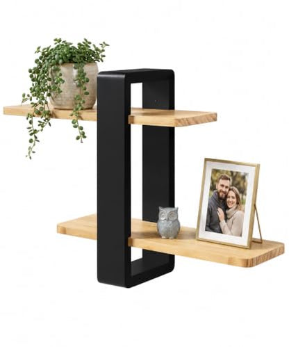 SUMGAR Floating Shelves for Wall Wood, 2 Tier Adjustable Plant Shelf Unit - color: Black&wooden, size: 2 Tier 16in