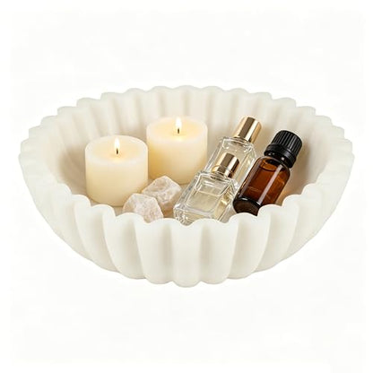 White Marble Style Decorative Bowl, Entryway Console Centerpiece - color: White - Scalloped