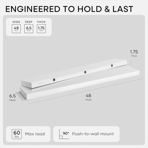 Homeforia 48 Inch Floating Shelves, High-End Solid Pine Wood, Set of 2 - color: Classic White - Soft Neutral Satin, size: 48 inch