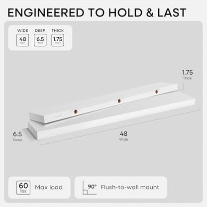Homeforia 48 Inch Floating Shelves, High-End Solid Pine Wood, Set of 2 - color: Classic White - Soft Neutral Satin, size: 48 inch