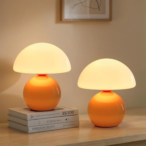 NIORSUN Mushroom Lamp Table Lamp for Bedroom, Portables Cordless Table Lamps Set of 2,Wireless lamp,Bedside Tables Touch for Living Room,Mini Mushroom 5200mAh Battery Operated Lamps Modern Orange - color: Orange, size: 2 Pack-Wireless