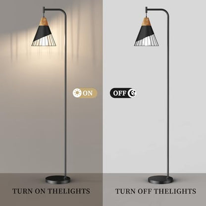 67" Industrial Floor Lamp with Wood & Black Metal Shade, Modern Standing Lamp, Rustic Farmhouse Tall Lamp for Living Room Bedroom Office, 2700K Bulb & Foot Switch Included (Black + Remote Control) - color: Black + Remote Control