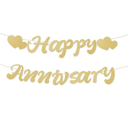 Happy Anniversary Banner, Pre-Strung Happy Anniversary Garland No DIY Party Decoration Supplies for Wedding Birthday (Champagne Gold)