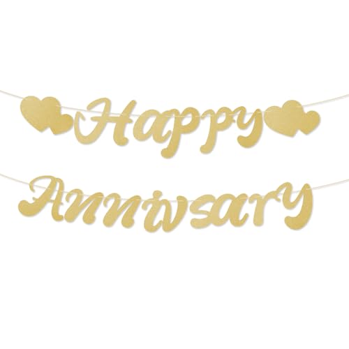 Happy Anniversary Banner, Pre-Strung Happy Anniversary Garland No DIY Party Decoration Supplies for Wedding Birthday (Champagne Gold)