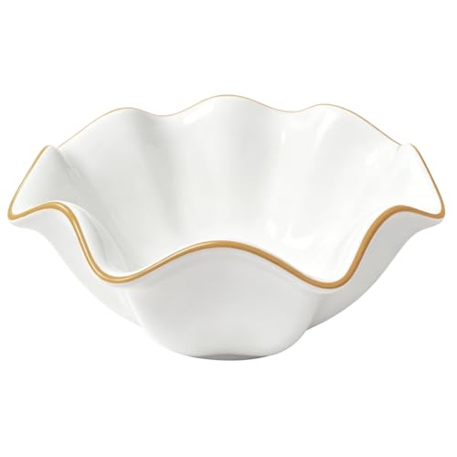 8 in White Ceramic Decorative Bowl, Ruffle Edge Serving Bowl with Golden Rim, 320 oz Shallow Fruit Container for Kitchen Counter, Dining Table Centerpiece, Entry Decor, Housewarming Present