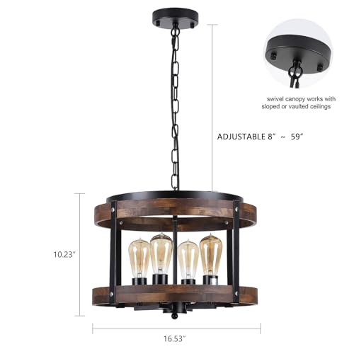 4-Light Large Rustic Farmhouse Wood Pendant Light Fixture with Adjustable Chain, 16.5 inch Oak Wood Drum Chandelier for Dining Room Kitchen Island Farmhouse Living Room Hallway, Black - size: Large pendant light 1 pack