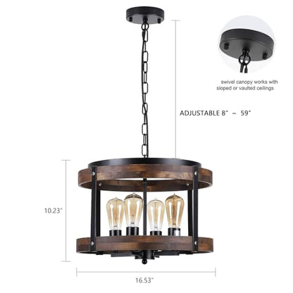 4-Light Large Rustic Farmhouse Wood Pendant Light Fixture with Adjustable Chain, 16.5 inch Oak Wood Drum Chandelier for Dining Room Kitchen Island Farmhouse Living Room Hallway, Black - size: Large pendant light 1 pack